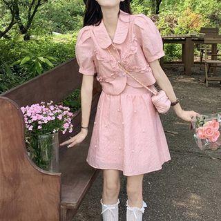 Short-sleeve Ruffle Trim Blouse / Faux Pearl Mini A-line Skirt