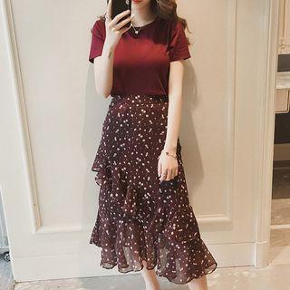 Set: Short-sleeve T-shirt + Ruffle Trim Midi Skirt
