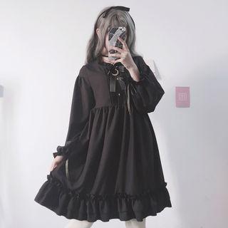 Long-sleeve Chiffon Dress Black - One Size