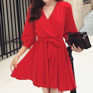 3/4-sleeve Tie Waist Dress
