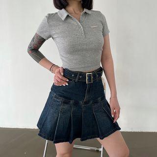 Short-sleeve Collared Cropped T-shirt / Denim Mini Pleated Skirt / Belt / Set