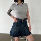 Short-sleeve Collared Cropped T-shirt / Denim Mini Pleated Skirt / Belt / Set