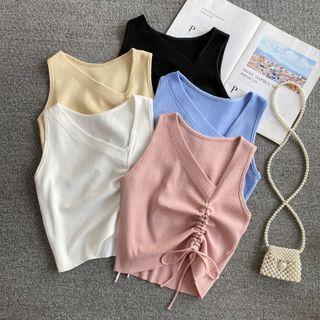 Plain V-neck Drawstring Tank Top