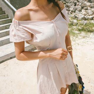 Off-shoulder Buttoned Linen Blend Mini Dress