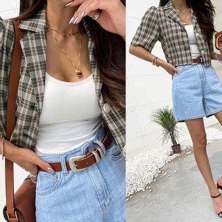 Cropped Plaid Jacket Gray - One Size
