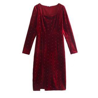 Long-sleeve Dotted Side-slit Sheath Dress