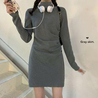 Semi High-neck Ribbed Plain Dress