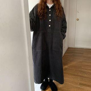 Long-sleeve Corduroy Midi Shift Polo Dress