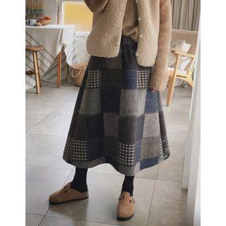 Contrast-panel Checked Midi Flare Skirt Check - One Size