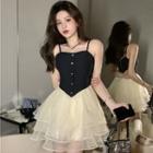 Button-up Blouse / Spaghetti Strap Tiered Dress