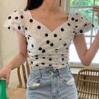 V-neck Dotted Puff-sleeve Top