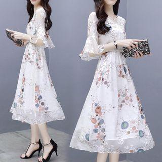 Ruffle Sleeve Floral Print Midi Dress