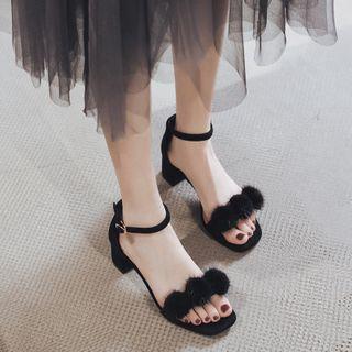 Block Heel Furry Ankle Strap Sandals