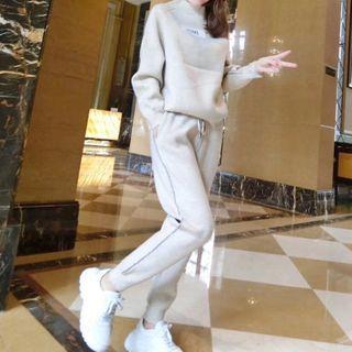 Set: Lettering Mock-neck Sweater + Knit Harem Pants
