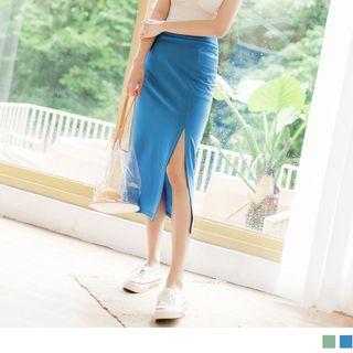 Slit-side Plain Midi Skirt