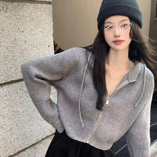 Pinstripe Zip Hooded Cropped Knit Cardigan