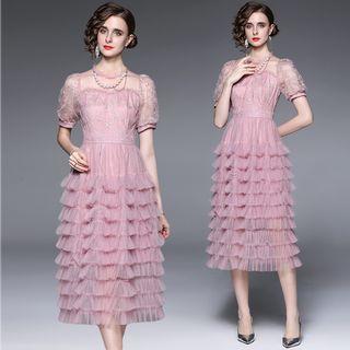 Short-sleeve Tiered Lace Midi Dress