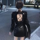 Open Back Sequined Long-sleeve Top Black - One Size