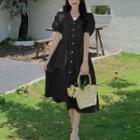 Puff-sleeve V-neck Strap Waist Dress