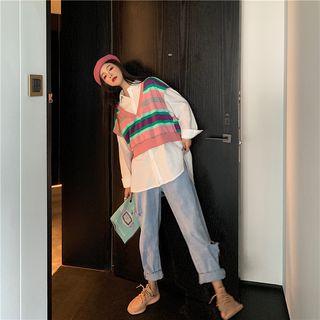 Rainbow Stripe V-neck Vest / Long-sleeve Plain Shirt