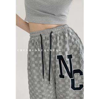 Checker Embroidered Drawstring Loose Harem Pants