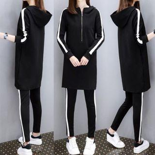 Set: Striped Hooded Long-plain Long-sleeve T-shirt Dress + Leggings