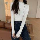 Long-sleeve Mock-turtleneck Button-accent Knit Top