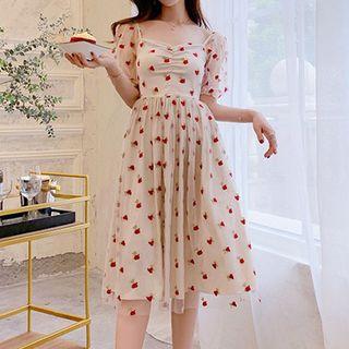 Puff-sleeve Embroidered Mesh A-line Midi Dress