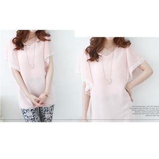 Lace Trim Short-sleeve Chiffon Top