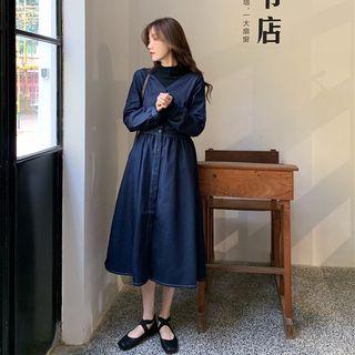 V-neck Long-sleeve Denim Dress Dark Blue - One Size