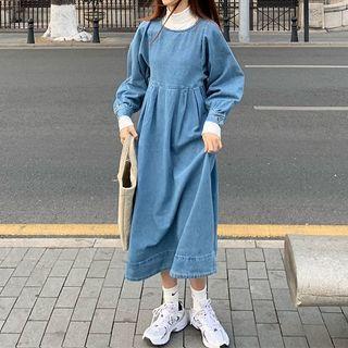 Long-sleeve Denim Midi A-line Dress Denim Blue - One Size