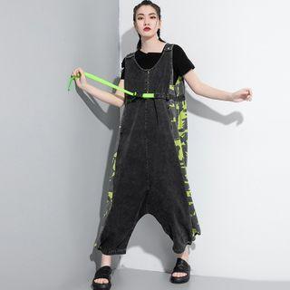 Camo Print Panel Denim Harem Jumpsuit Black - One Size