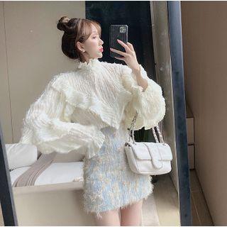 Bell Sleeve Fringed High Neck Ruffled Shirt / Tweed Mini A-line Skirt
