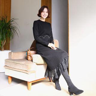 Faux-pearl Trim Lace-hem Knit Dress
