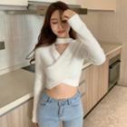 Long-sleeve Reversible V-neck Cropped Knit Top