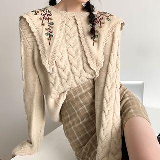 Floral Embroidered Collared Sweater Gray - One Size