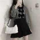 Set: Long-sleeve Bow Check Crop Top + Mini A-line Skirt