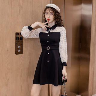 Belted Dotted Long-sleeve Mini A-line Dress
