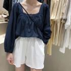 Lace Trim Square-neck Long-sleeve Blouse