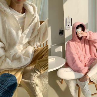 Drop-shoulder Faux-shearling Zip-up Hoodie