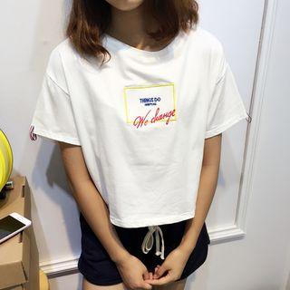 Lettering Embroidered Crewneck Short-sleeve T-shirt Top