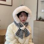 Striped Knit Faux Shearling Hooded Scarf