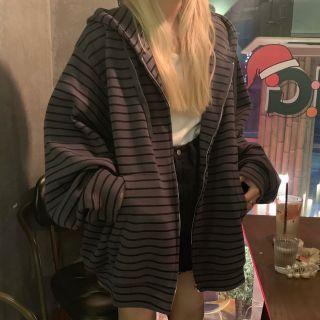 Striped Zip-up Hoodie Black Stripes - Dark Gray - One Size
