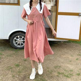 Color-block Collar Plain Midi Dress