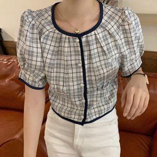 Short-sleeve Button-up Plaid Top Plaid - Blue & White - One Size