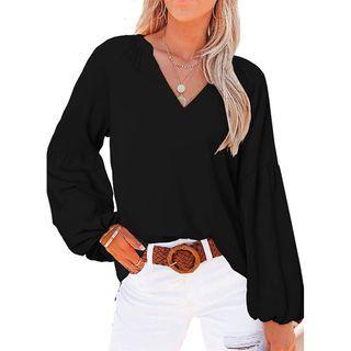 Balloon-sleeve V-neck Plain Blouse