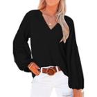 Balloon-sleeve V-neck Plain Blouse