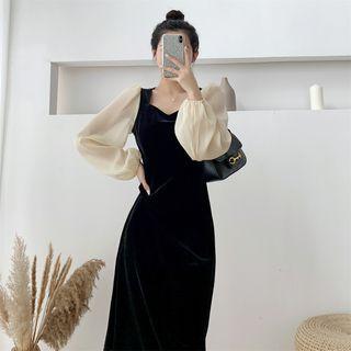 Balloon-sleeve A-line Midi Velvet Dress