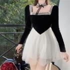 Set: Long-sleeve Lace Trim Mini A-line Dress + Lace Choker