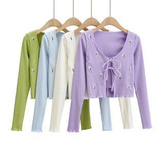 Cropped Floral Embroidered Tie-front Cardigan